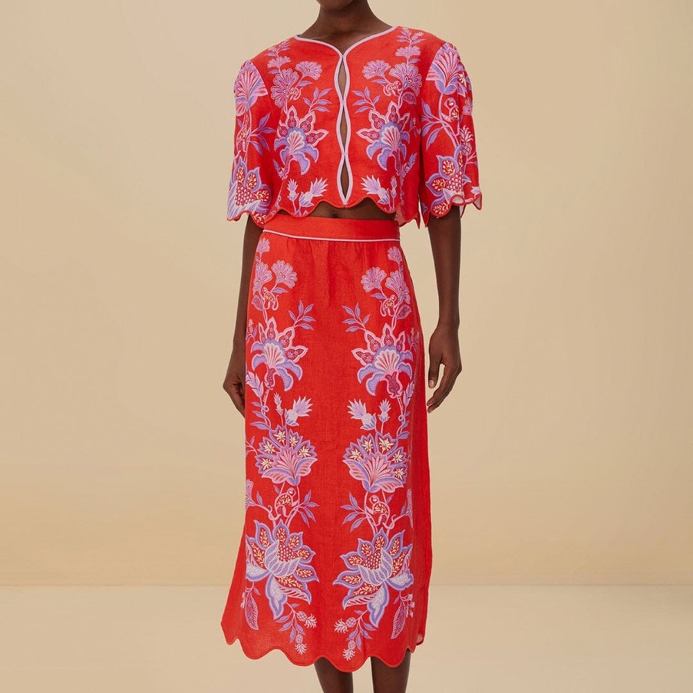 NWT Farm Rio Red Porcelain Garden Linen Midi Skirt and Blouse - SET